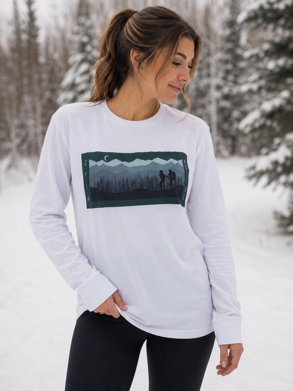 Zyia Active White Long Sleeve Graphic with Forest Silhouette Large